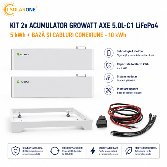 Kit 2x Acumulator Growatt AXE 5.0L-C1 LiFePo4, 5 kWh + Baza si cabluri - 10 kWh