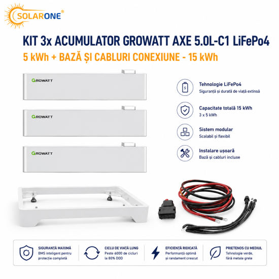 Kit 3x Acumulator Growatt AXE 5.0L-C1 LiFePo4, 5 kWh + Baza si cabluri - 15 KWh