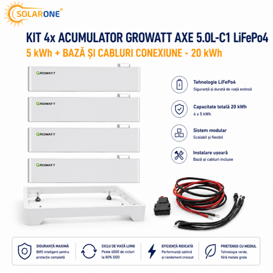 Kit 4x Acumulator Growatt AXE 5.0L-C1 LiFePo4, 5 kWh + Baza si cabluri - 20 KWh