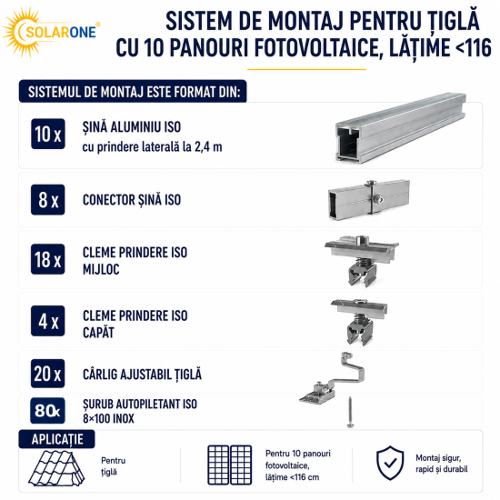 Sistem de montaj pentru TIGLA cu 10 panouri fotovoltaice, latime <116 cm